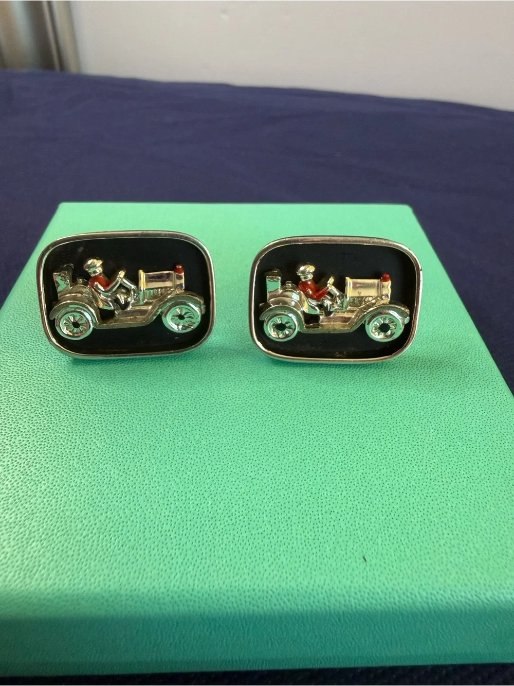 Vintage Swank Antique Car Cufflinks Silver Tone Black Enamel Novelty Retro